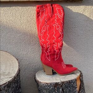 Red Western-Style Knee-High Boots